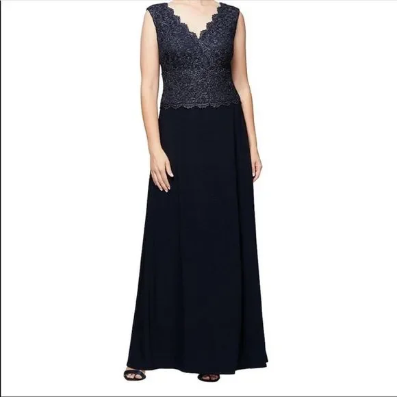 Alex Evenings Navy Sleeveless Gown Sz14P - Picture 1 of 16